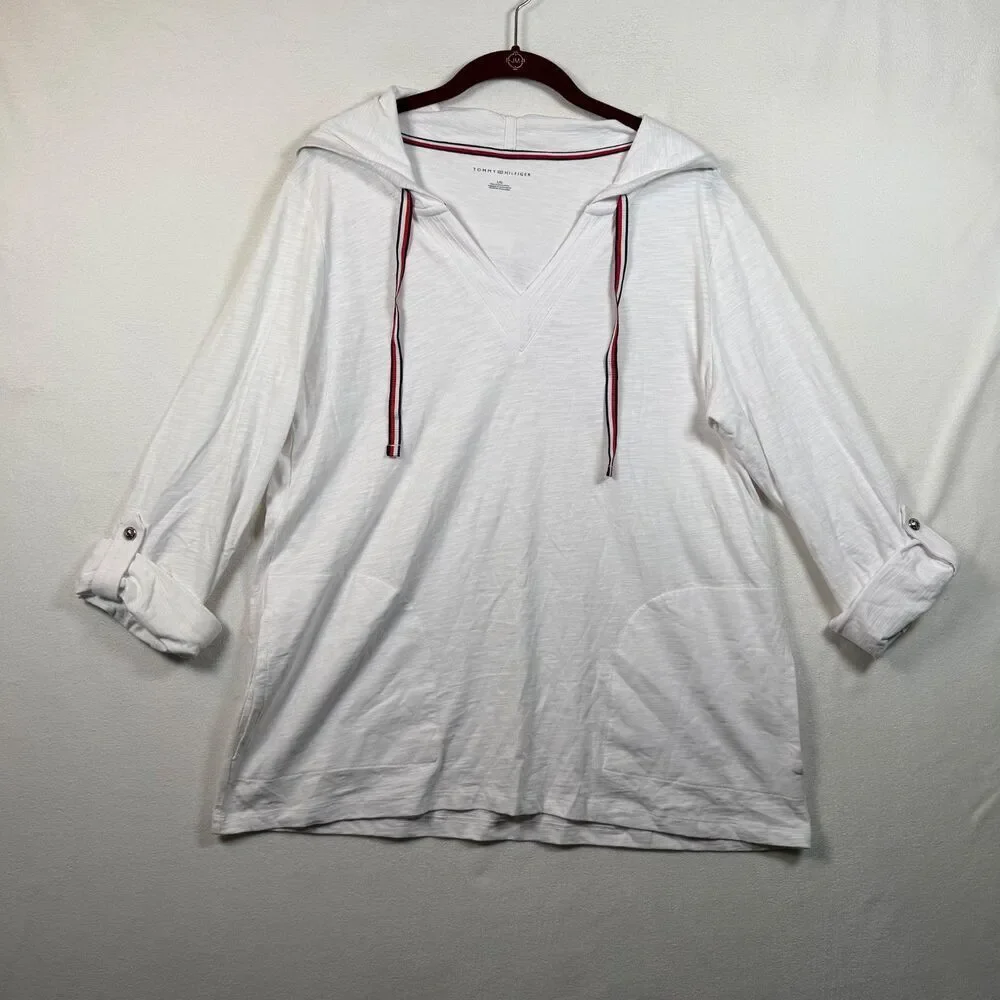 Tommy Hilfiger White Hooded Top Women’s Large Roll Tab Sleeve Cotton Pullover